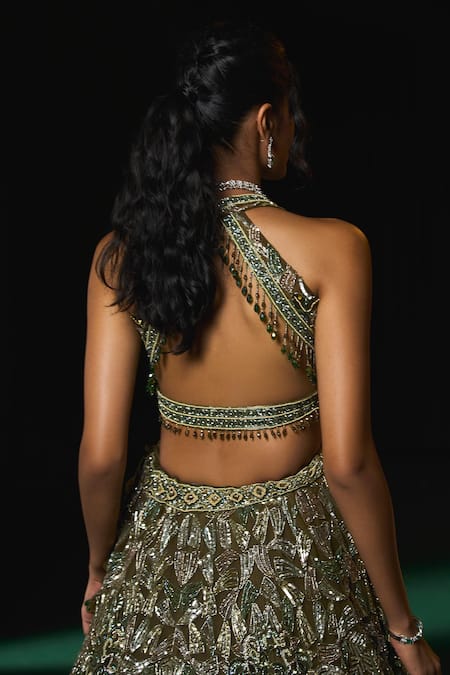 Roqa_Green Net Beads, Embroidery Halter Neck Ruhaab Floral Bridal Lehenga Set _Online_at_Aza_Fashions