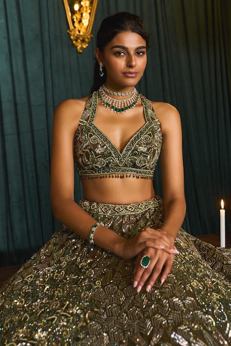 Buy_Roqa_Green Net Beads, Embroidery Halter Neck Ruhaab Floral Bridal Lehenga Set _Online_at_Aza_Fashions