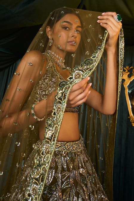 Roqa_Green Net Beads, Embroidery Halter Neck Ruhaab Floral Bridal Lehenga Set _at_Aza_Fashions