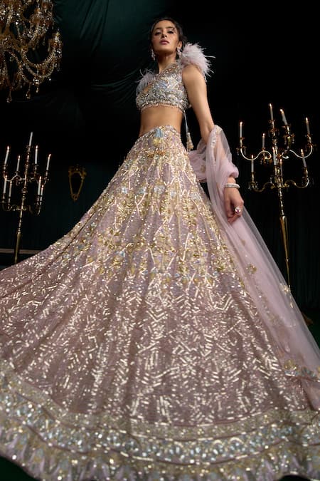 Roqa Purple Net Zari, Sequins, Embroidery Shirin Scallop Lehenga And Blouse Set Online at Aza Fashions Roqa_Purple Net Zari, Sequins, Embroidery Shirin Scallop Lehenga And Blouse Set _Online_at_Aza_Fashions