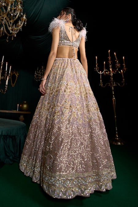 Shop Roqa Purple Net Zari, Sequins, Embroidery Shirin Scallop Lehenga And Blouse Set at Aza Fashions Shop_Roqa_Purple Net Zari, Sequins, Embroidery Shirin Scallop Lehenga And Blouse Set _at_Aza_Fashions