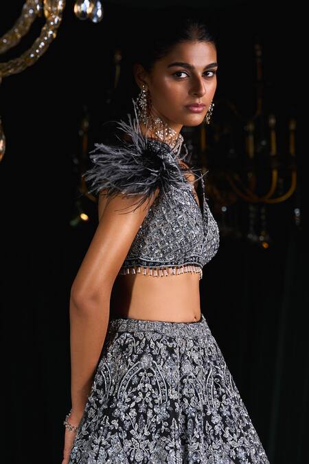 Roqa_Black Net Sequins, Zari, Embroidery, Crystals Siyah Floral Canvas Lehenga Set _Online_at_Aza_Fashions