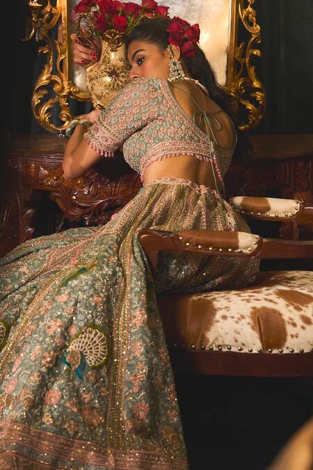 Buy_Roqa_Green Organza, Net Embroidery Tavus Peacock Bridal Lehenga Set _Online_at_Aza_Fashions