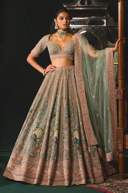 Roqa Green Lehenga And Blouse Organza Embroidery Resham Tavus Peacock Bridal Set 