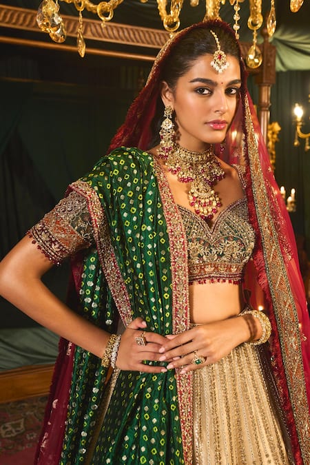 Roqa Gold Net Embroidery, Sequins Sweetheart Zarafat Vintage Zari Bridal Lehenga Set Online at Aza Fashions Roqa_Gold Net Embroidery, Sequins Sweetheart Zarafat Vintage Zari Bridal Lehenga Set _Online_at_Aza_Fashions