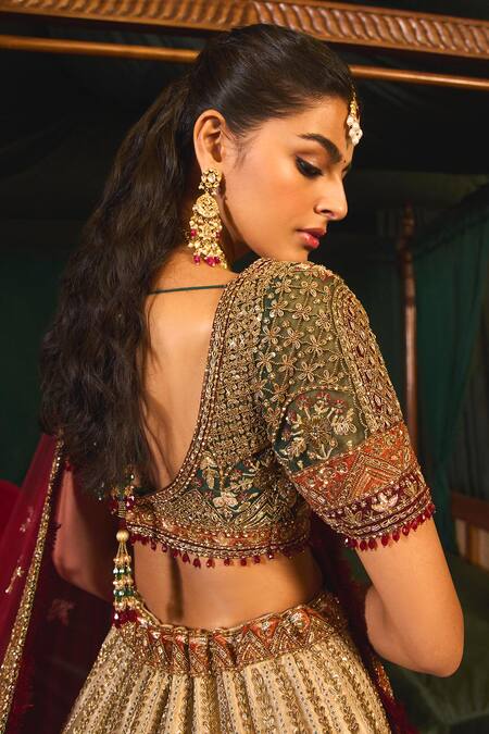 Shop Roqa Gold Net Embroidery, Sequins Sweetheart Zarafat Vintage Zari Bridal Lehenga Set Online at Aza Fashions Shop_Roqa_Gold Net Embroidery, Sequins Sweetheart Zarafat Vintage Zari Bridal Lehenga Set _Online_at_Aza_Fashions
