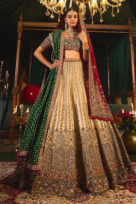 Roqa Gold Net Embroidery Zari Sweetheart Neck Zarafat Vintage Bridal Lehenga Set 