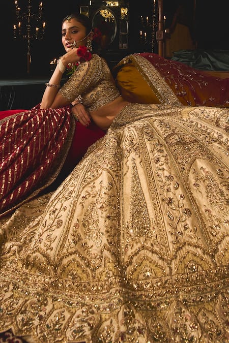 Roqa_Gold Silk, Net Sequins, Embroidery Zarir Mughal Floral Bridal Lehenga Set _Online_at_Aza_Fashions
