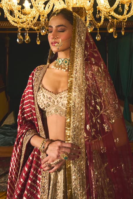 Shop_Roqa_Gold Silk, Net Sequins, Embroidery Zarir Mughal Floral Bridal Lehenga Set _Online_at_Aza_Fashions
