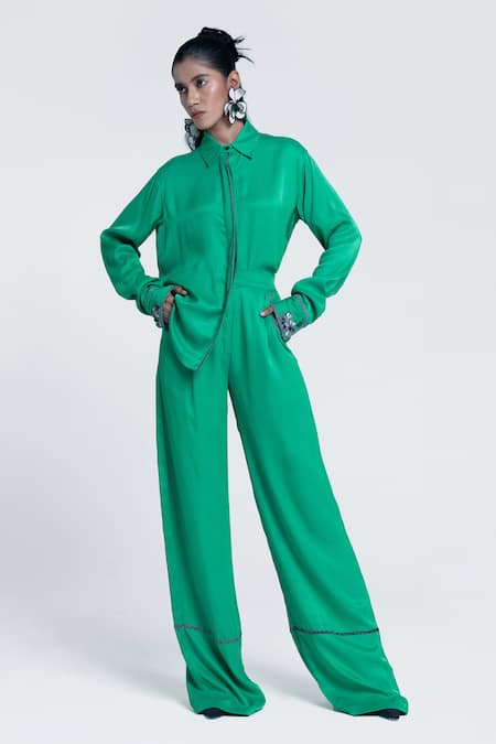 Pocketful Of Cherrie Green Viscose Satin Embroidery Thread Echo Bead Embellished Straight Trouser 