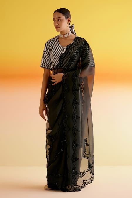 Shop Amisha Kothari Black , Organza Surbhi Floral Bead Saree With Unstitched Blouse Piece Online at Aza Fashions Shop_Amisha Kothari_Black , Organza Surbhi Floral Bead Saree With Unstitched Blouse Piece _Online_at_Aza_Fashions