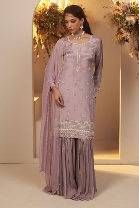 BAIDEHI Pink Chinon Georgette Embroidery Sequin Pearl Floral Butti Kurta Sharara Set 