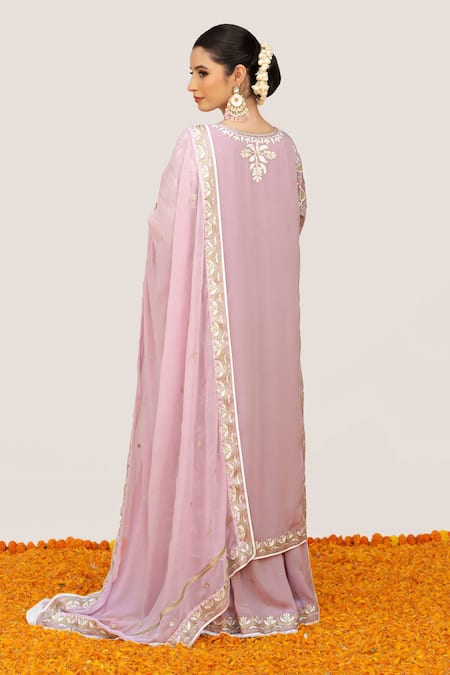 Shop Daljit Sudan Pink Crepe, Georgette Embroidery Split Paisley Vine Kurta Flared Pant Set at Aza Fashions Shop_Daljit Sudan_Pink Crepe, Georgette Embroidery Split Paisley Vine Kurta Flared Pant Set _at_Aza_Fashions