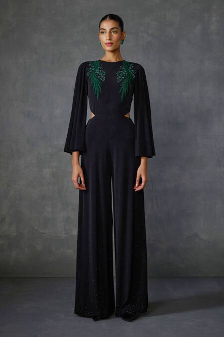 Namrata Joshipura Black Jersey Beads, Embroidery Round Winter Garden Embellished Cut-out Jumpsuit Online at Aza Fashions Namrata Joshipura_Black Jersey Beads, Embroidery Round Winter Garden Embellished Cut-out Jumpsuit _Online_at_Aza_Fashions