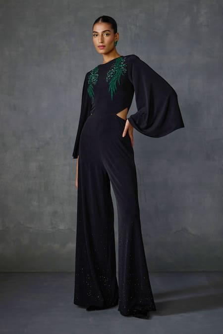 Shop Namrata Joshipura Black Jersey Beads, Embroidery Round Winter Garden Embellished Cut-out Jumpsuit Online at Aza Fashions Shop_Namrata Joshipura_Black Jersey Beads, Embroidery Round Winter Garden Embellished Cut-out Jumpsuit _Online_at_Aza_Fashions