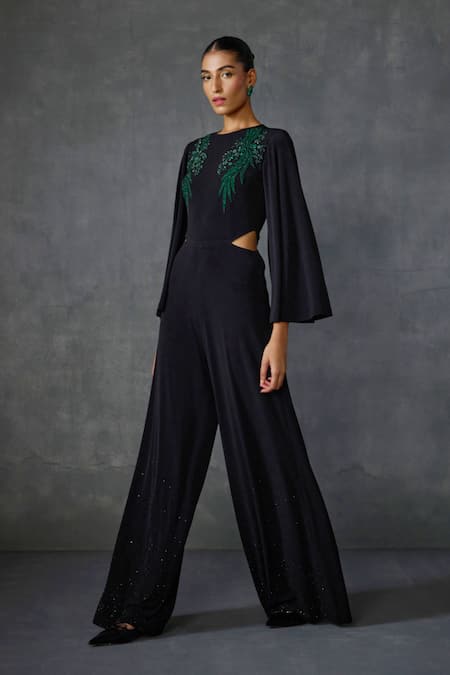 Namrata Joshipura Black Jersey Beads, Embroidery Round Winter Garden Embellished Cut-out Jumpsuit at Aza Fashions Namrata Joshipura_Black Jersey Beads, Embroidery Round Winter Garden Embellished Cut-out Jumpsuit _at_Aza_Fashions