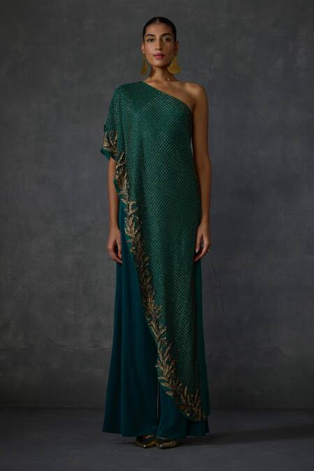 Namrata Joshipura Green Jersey Beads, Embroidery Autumn Fern Embellished Overlap Panel Jumpsuit Online at Aza Fashions Namrata Joshipura_Green Jersey Beads, Embroidery Autumn Fern Embellished Overlap Panel Jumpsuit _Online_at_Aza_Fashions