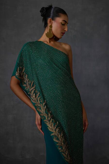 Shop Namrata Joshipura Green Jersey Beads, Embroidery Autumn Fern Embellished Overlap Panel Jumpsuit Online at Aza Fashions Shop_Namrata Joshipura_Green Jersey Beads, Embroidery Autumn Fern Embellished Overlap Panel Jumpsuit _Online_at_Aza_Fashions