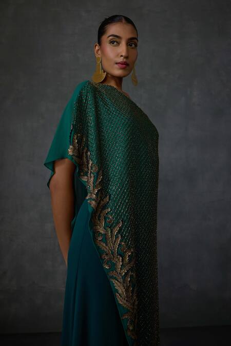 Namrata Joshipura Green Jersey Beads, Embroidery Autumn Fern Embellished Overlap Panel Jumpsuit at Aza Fashions Namrata Joshipura_Green Jersey Beads, Embroidery Autumn Fern Embellished Overlap Panel Jumpsuit _at_Aza_Fashions
