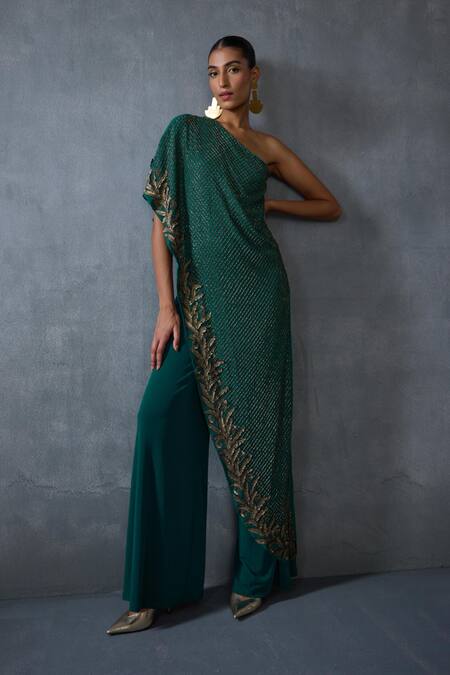 Buy Namrata Joshipura Green Jersey Beads, Embroidery Autumn Fern Embellished Overlap Panel Jumpsuit Buy_Namrata Joshipura_Green Jersey Beads, Embroidery Autumn Fern Embellished Overlap Panel Jumpsuit