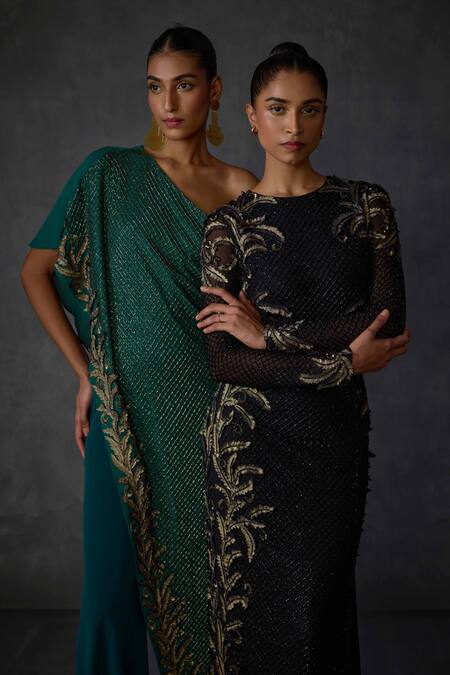 Shop Namrata Joshipura Green Jersey Beads, Embroidery Autumn Fern Embellished Overlap Panel Jumpsuit Shop_Namrata Joshipura_Green Jersey Beads, Embroidery Autumn Fern Embellished Overlap Panel Jumpsuit