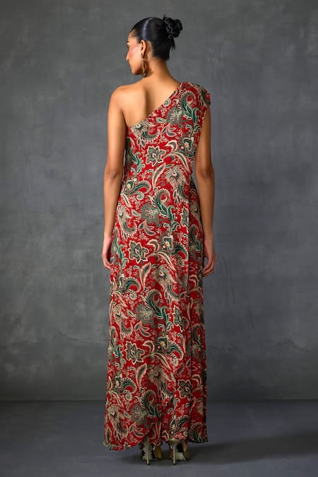 Shop Namrata Joshipura Red Georgette Beads, Embroidery One Fern Paisley Print Overlap Panel Jumpsuit at Aza Fashions Shop_Namrata Joshipura_Red Georgette Beads, Embroidery One Fern Paisley Print Overlap Panel Jumpsuit _at_Aza_Fashions