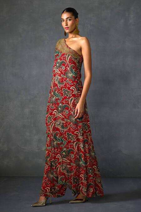 Namrata Joshipura Red Georgette Beads, Embroidery One Fern Paisley Print Overlap Panel Jumpsuit Online at Aza Fashions Namrata Joshipura_Red Georgette Beads, Embroidery One Fern Paisley Print Overlap Panel Jumpsuit _Online_at_Aza_Fashions