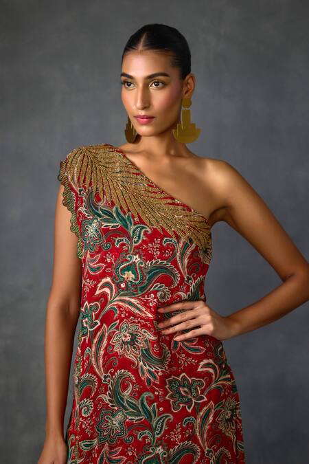 Buy Namrata Joshipura Red Georgette Beads, Embroidery One Fern Paisley Print Overlap Panel Jumpsuit Online at Aza Fashions Buy_Namrata Joshipura_Red Georgette Beads, Embroidery One Fern Paisley Print Overlap Panel Jumpsuit _Online_at_Aza_Fashions