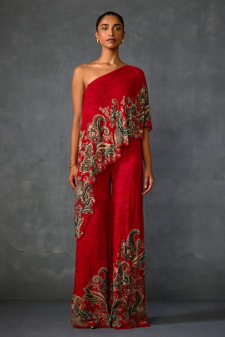 Namrata Joshipura Red Georgette Sequins, Beads One Shoulder Paisley Print Jumpsuit Online at Aza Fashions Namrata Joshipura_Red Georgette Sequins, Beads One Shoulder Paisley Print Jumpsuit _Online_at_Aza_Fashions