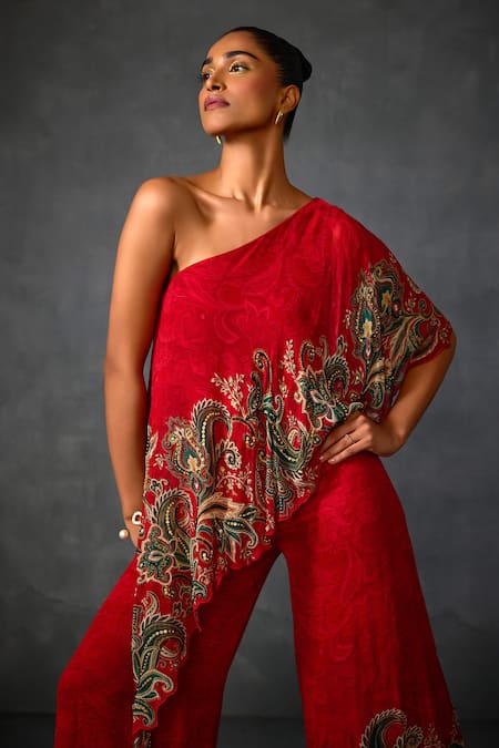Shop Namrata Joshipura Red Georgette Sequins, Beads One Shoulder Paisley Print Jumpsuit Online at Aza Fashions Shop_Namrata Joshipura_Red Georgette Sequins, Beads One Shoulder Paisley Print Jumpsuit _Online_at_Aza_Fashions