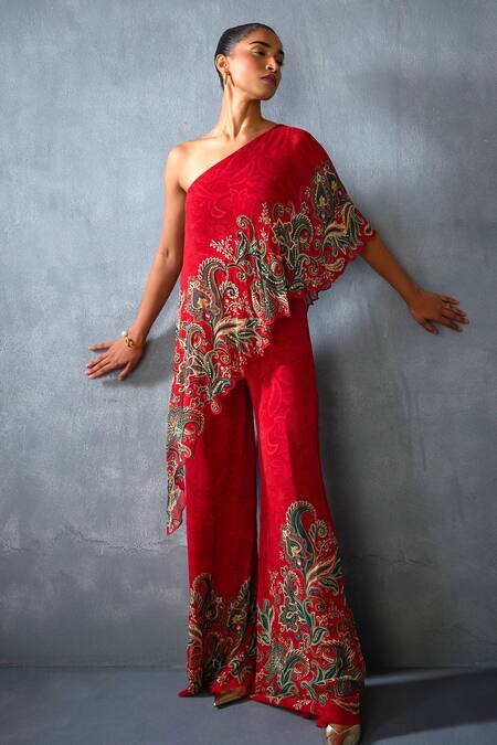 Namrata Joshipura Red Georgette Sequins, Beads One Shoulder Paisley Print Jumpsuit at Aza Fashions Namrata Joshipura_Red Georgette Sequins, Beads One Shoulder Paisley Print Jumpsuit _at_Aza_Fashions