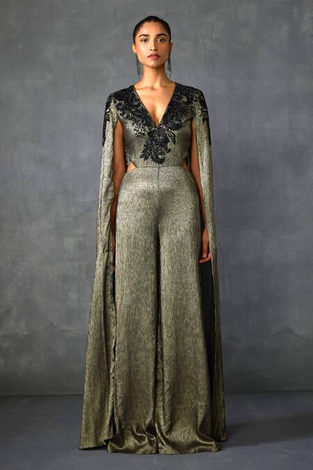 Namrata Joshipura Gold Chiffon Sequins, Beads Plunge Neck Peizuli Embellished Textured Jumpsuit Online at Aza Fashions Namrata Joshipura_Gold Chiffon Sequins, Beads Plunge Neck Peizuli Embellished Textured Jumpsuit _Online_at_Aza_Fashions