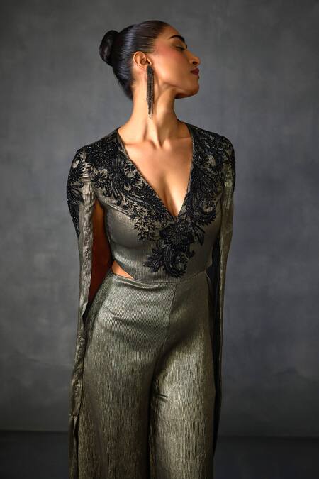 Buy Namrata Joshipura Gold Chiffon Sequins, Beads Plunge Neck Peizuli Embellished Textured Jumpsuit Online at Aza Fashions Buy_Namrata Joshipura_Gold Chiffon Sequins, Beads Plunge Neck Peizuli Embellished Textured Jumpsuit _Online_at_Aza_Fashions
