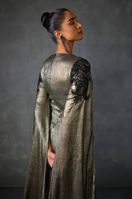 Shop Namrata Joshipura Gold Chiffon Sequins, Beads Plunge Neck Peizuli Embellished Textured Jumpsuit Online at Aza Fashions Shop_Namrata Joshipura_Gold Chiffon Sequins, Beads Plunge Neck Peizuli Embellished Textured Jumpsuit _Online_at_Aza_Fashions