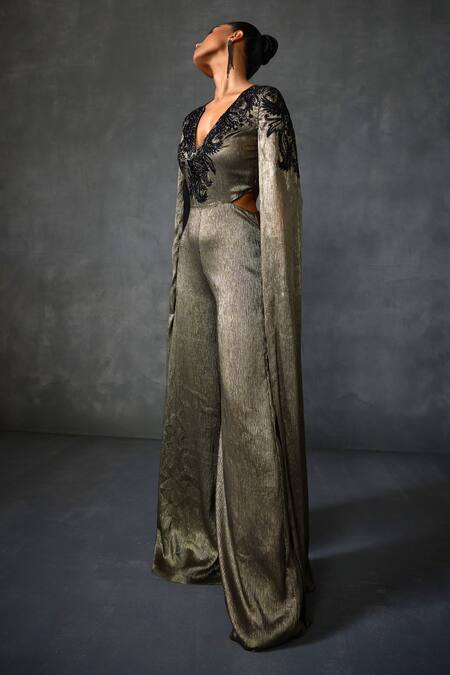 Namrata Joshipura Gold Chiffon Sequins, Beads Plunge Neck Peizuli Embellished Textured Jumpsuit at Aza Fashions Namrata Joshipura_Gold Chiffon Sequins, Beads Plunge Neck Peizuli Embellished Textured Jumpsuit _at_Aza_Fashions