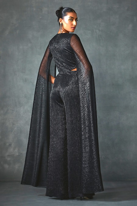 Shop Namrata Joshipura Black Crepe Sequins, Beads V-neck Glissara Embellished Cut-out Jumpsuit at Aza Fashions Shop_Namrata Joshipura_Black Crepe Sequins, Beads V-neck Glissara Embellished Cut-out Jumpsuit _at_Aza_Fashions