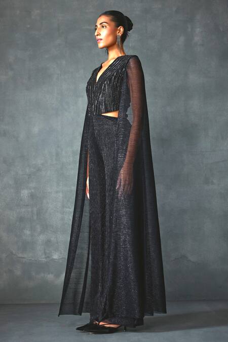 Namrata Joshipura Black Crepe Sequins, Beads V-neck Glissara Embellished Cut-out Jumpsuit Online at Aza Fashions Namrata Joshipura_Black Crepe Sequins, Beads V-neck Glissara Embellished Cut-out Jumpsuit _Online_at_Aza_Fashions