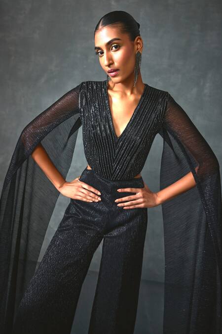 Buy Namrata Joshipura Black Crepe Sequins, Beads V-neck Glissara Embellished Cut-out Jumpsuit Online at Aza Fashions Buy_Namrata Joshipura_Black Crepe Sequins, Beads V-neck Glissara Embellished Cut-out Jumpsuit _Online_at_Aza_Fashions