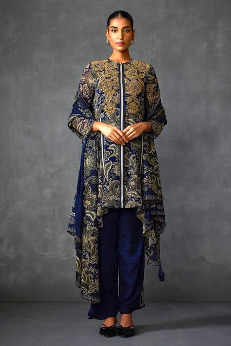 Buy Namrata Joshipura Blue Satin Beads, Embroidery Myrrah Paisley Print Asymmetric Kurta Pant Set Online at Aza Fashions Buy_Namrata Joshipura_Blue Satin Beads, Embroidery Myrrah Paisley Print Asymmetric Kurta Pant Set _Online_at_Aza_Fashions