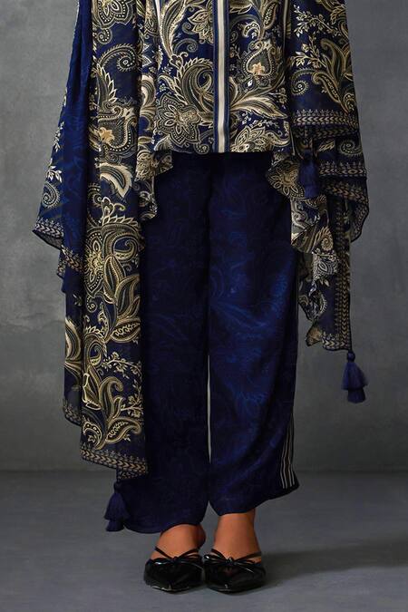 Shop Namrata Joshipura Blue Satin Beads, Embroidery Myrrah Paisley Print Asymmetric Kurta Pant Set Online at Aza Fashions Shop_Namrata Joshipura_Blue Satin Beads, Embroidery Myrrah Paisley Print Asymmetric Kurta Pant Set _Online_at_Aza_Fashions
