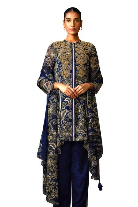 Namrata Joshipura Blue Satin Beads, Embroidery Myrrah Paisley Print Asymmetric Kurta Pant Set at Aza Fashions Namrata Joshipura_Blue Satin Beads, Embroidery Myrrah Paisley Print Asymmetric Kurta Pant Set _at_Aza_Fashions