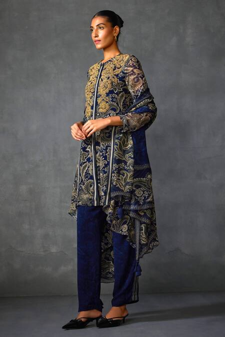 Buy Namrata Joshipura Blue Satin Beads, Embroidery Myrrah Paisley Print Asymmetric Kurta Pant Set Buy_Namrata Joshipura_Blue Satin Beads, Embroidery Myrrah Paisley Print Asymmetric Kurta Pant Set