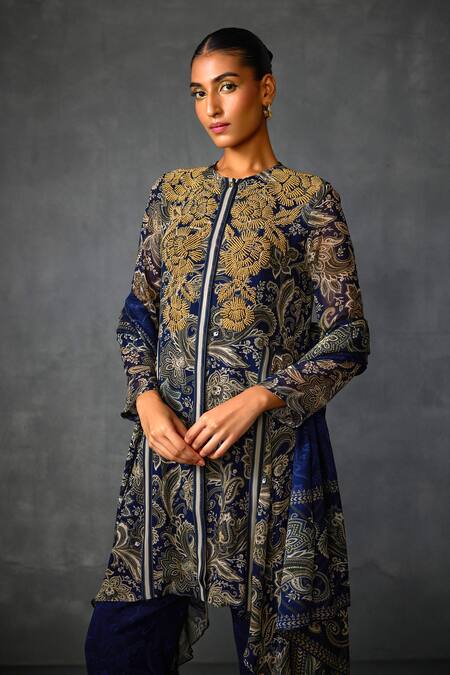Shop Namrata Joshipura Blue Satin Beads, Embroidery Myrrah Paisley Print Asymmetric Kurta Pant Set Shop_Namrata Joshipura_Blue Satin Beads, Embroidery Myrrah Paisley Print Asymmetric Kurta Pant Set