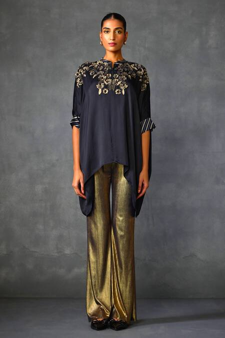 Namrata Joshipura Blue Silk Embroidery, Sequins, Applique Round Neck Blossom Handkerchief Tunic Online at Aza Fashions Namrata Joshipura_Blue Silk Embroidery, Sequins, Applique Round Neck Blossom Handkerchief Tunic _Online_at_Aza_Fashions