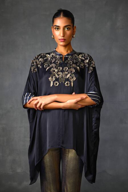 Shop Namrata Joshipura Blue Silk Embroidery, Sequins, Applique Round Neck Blossom Handkerchief Tunic Online at Aza Fashions Shop_Namrata Joshipura_Blue Silk Embroidery, Sequins, Applique Round Neck Blossom Handkerchief Tunic _Online_at_Aza_Fashions
