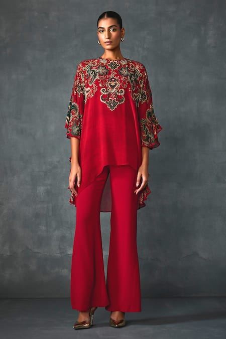 Namrata Joshipura Red Georgette Embellished Bead Round Paisley Print High-low Tunic Online at Aza Fashions Namrata Joshipura_Red Georgette Embellished Bead Round Paisley Print High-low Tunic _Online_at_Aza_Fashions