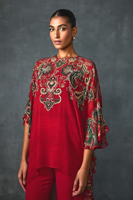 Buy Namrata Joshipura Red Georgette Embellished Bead Round Paisley Print High-low Tunic Online at Aza Fashions Buy_Namrata Joshipura_Red Georgette Embellished Bead Round Paisley Print High-low Tunic _Online_at_Aza_Fashions