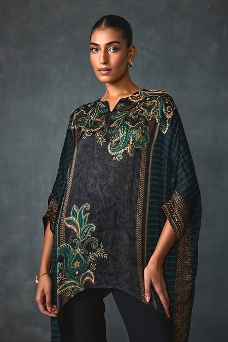 Namrata Joshipura Black Crepe Sequins, Beads Round Neck Paisley Print Asymmetric Tunic at Aza Fashions Namrata Joshipura_Black Crepe Sequins, Beads Round Neck Paisley Print Asymmetric Tunic _at_Aza_Fashions