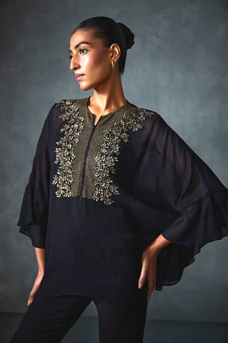 Namrata Joshipura Black Georgette Sequins, Beads Round Neck Lattice Cluster Tunic Online at Aza Fashions Namrata Joshipura_Black Georgette Sequins, Beads Round Neck Lattice Cluster Tunic _Online_at_Aza_Fashions