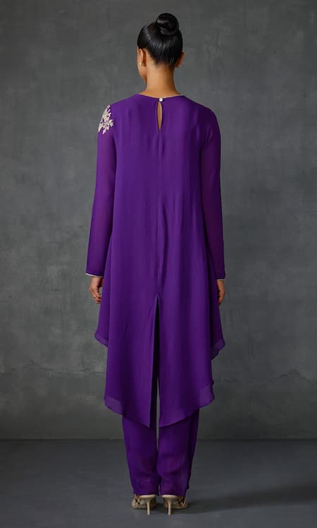 Shop Namrata Joshipura Purple Georgette Sequins, Beads Round Neck Peizuli Embellished High-low Tunic at Aza Fashions Shop_Namrata Joshipura_Purple Georgette Sequins, Beads Round Neck Peizuli Embellished High-low Tunic _at_Aza_Fashions